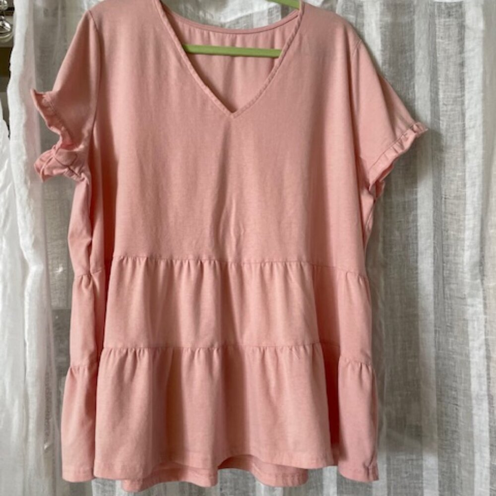 Ruffled T-shirt, rose color, 2XL, cotton blend, short sleeves with ruffle trim